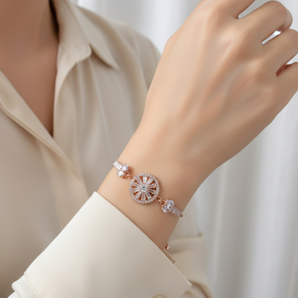 JewelMaze Rose Gold Blossom Radiance Floral AD Bracelet