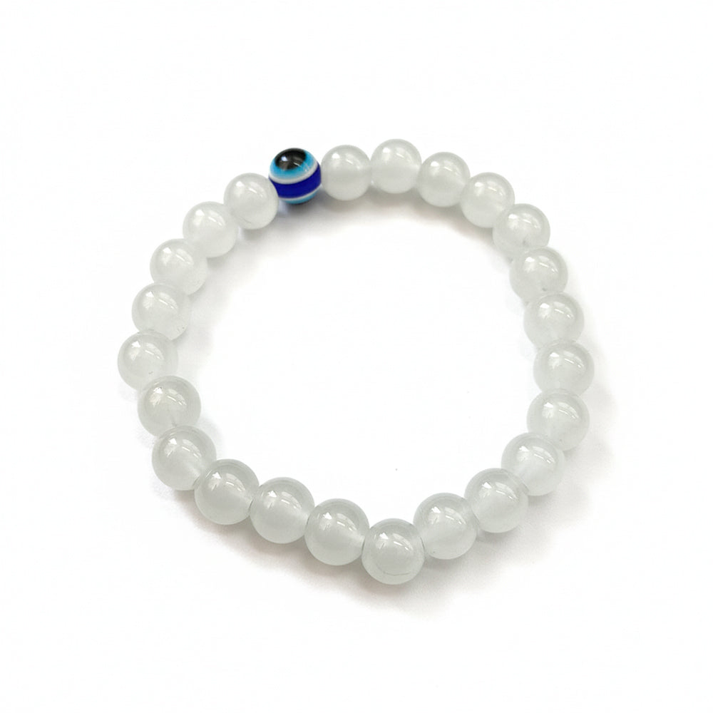 JewelMaze Grey Obsidian Beads Bracelet with Evil Eye Charm