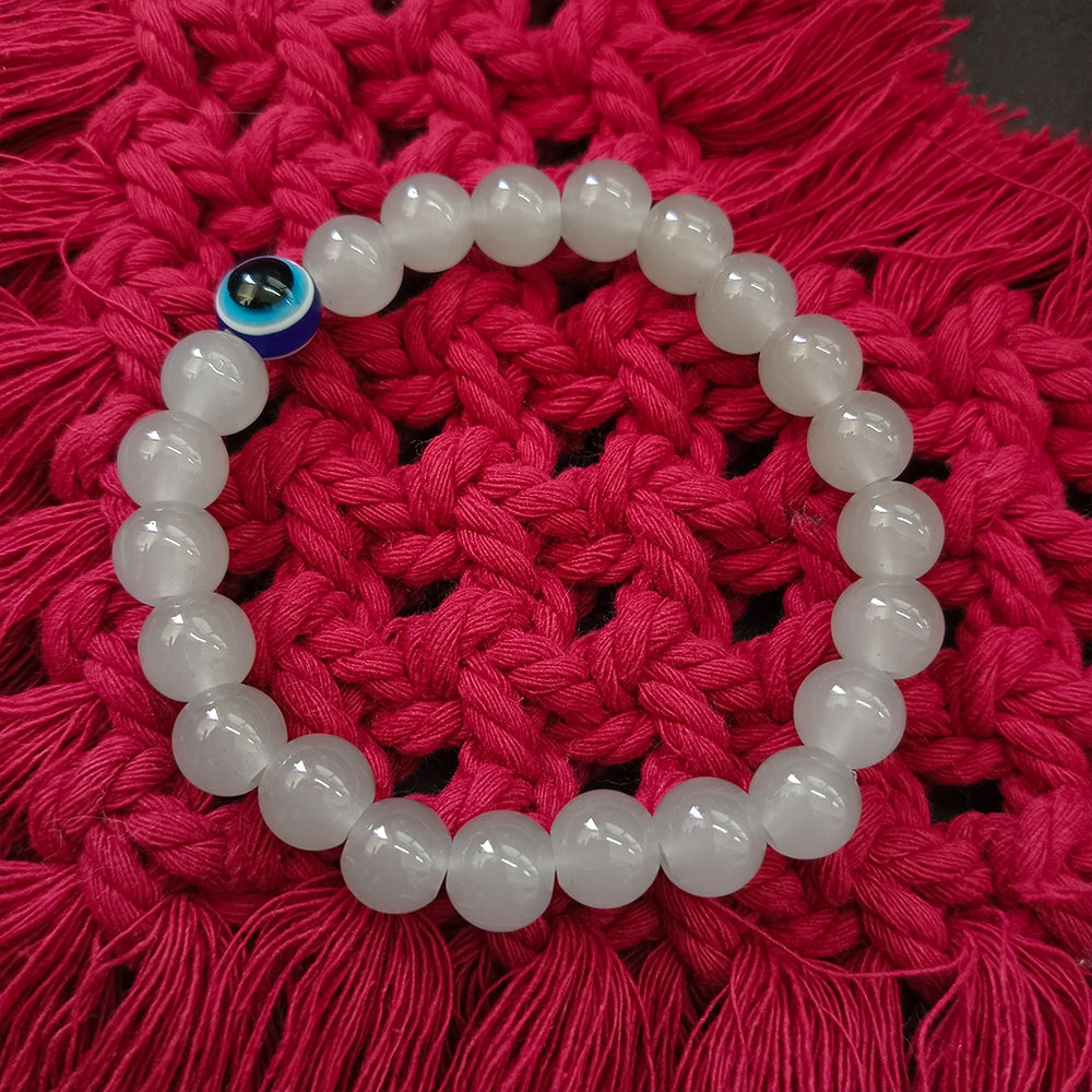 JewelMaze Grey Obsidian Beads Bracelet with Evil Eye Charm