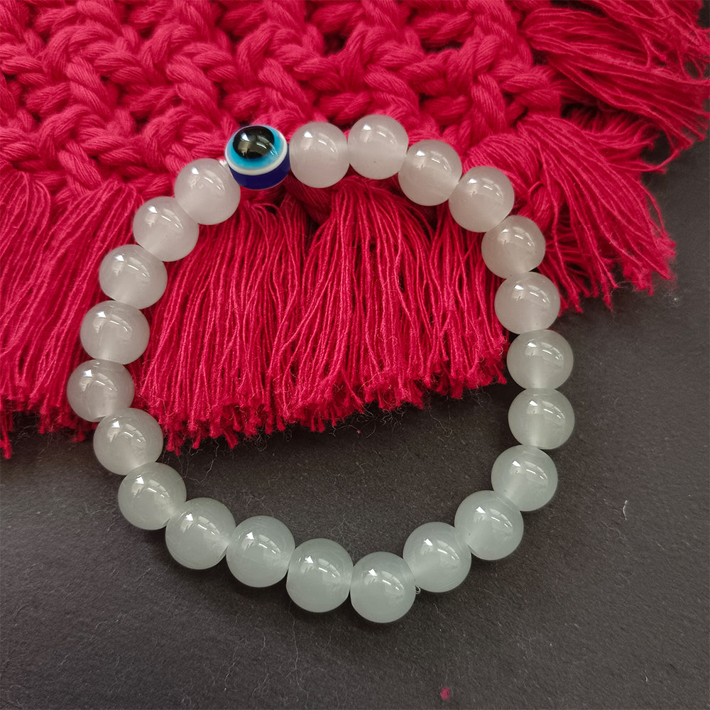 JewelMaze Grey Obsidian Beads Bracelet with Evil Eye Charm