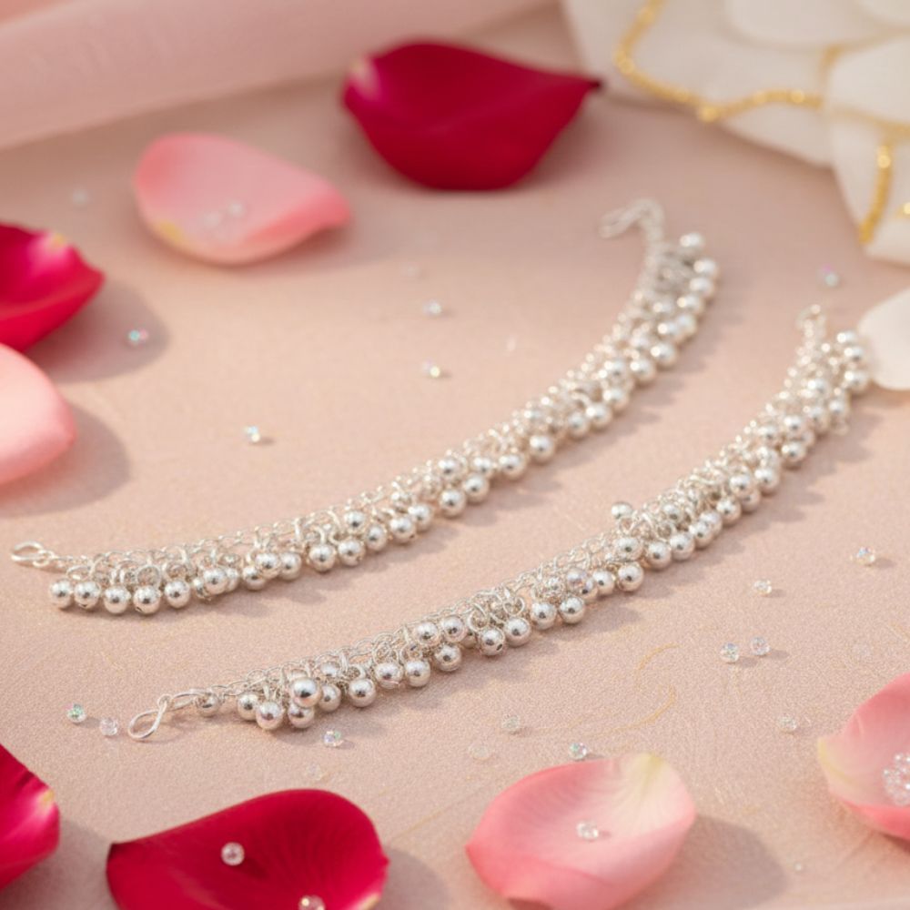 JewelMaze Classic Oxidised Silver Ghungroo Kaan Chain\ Earchain