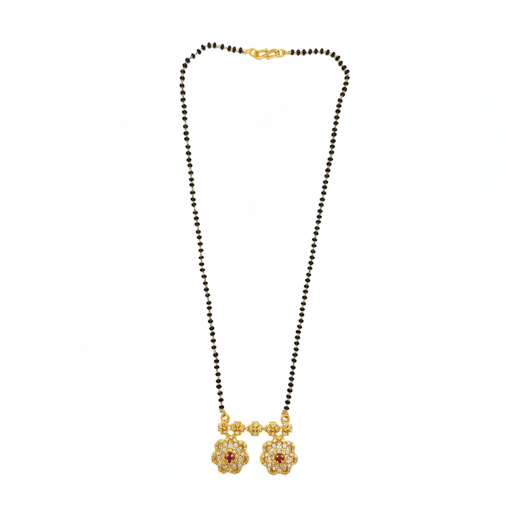 JewelMaze Designer Floral Motif AD Mangalsutra with Black Beads