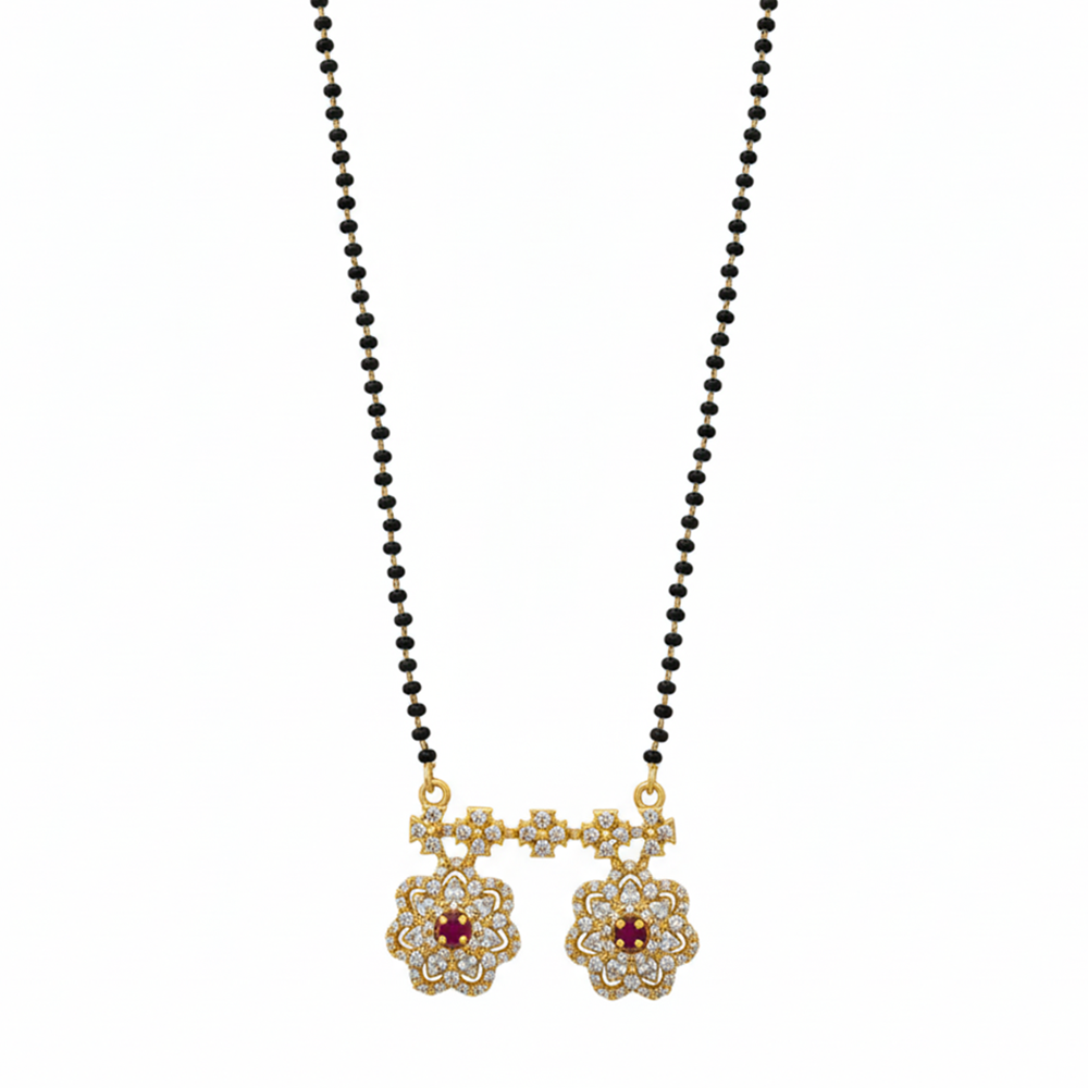 JewelMaze Designer Floral Motif AD Mangalsutra with Black Beads