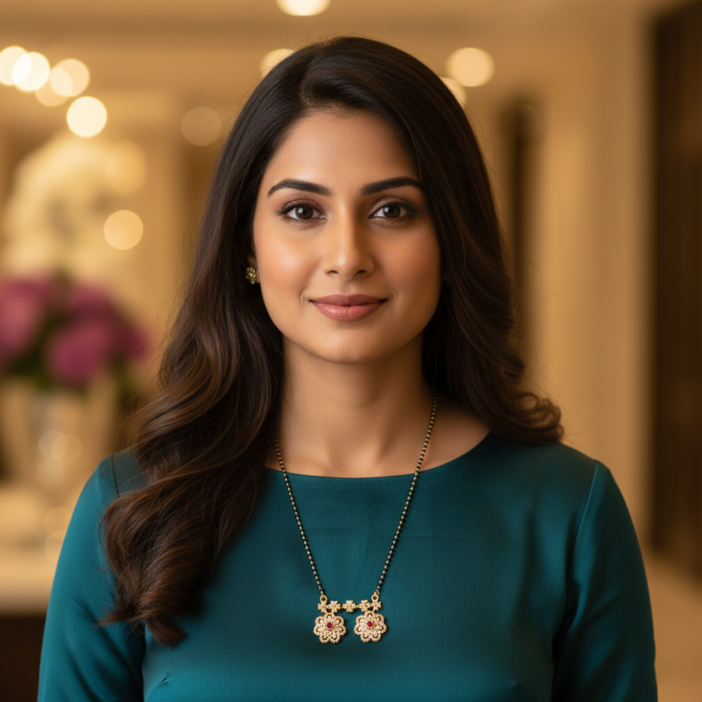 JewelMaze Designer Floral Motif AD Mangalsutra with Black Beads