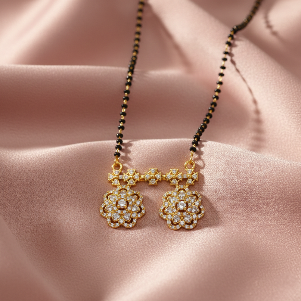 JewelMaze Designer Floral Motif AD Mangalsutra with Black Beads