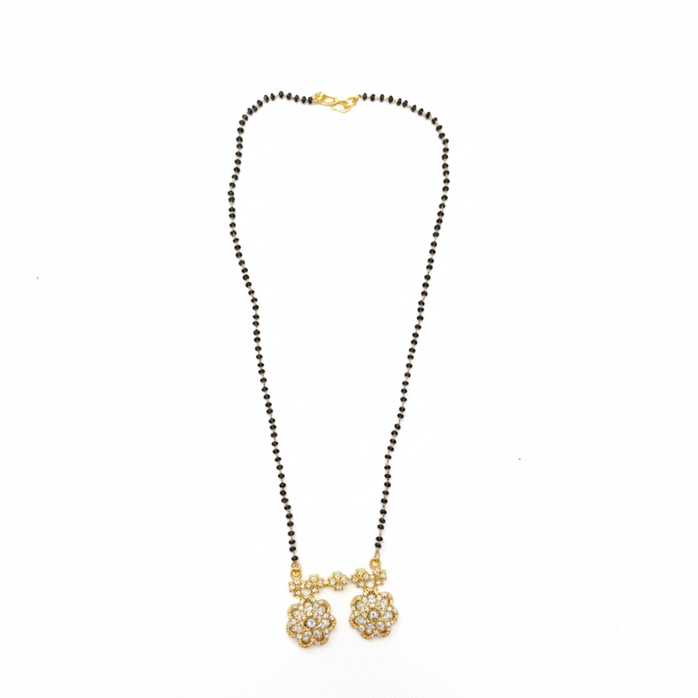 JewelMaze Designer Floral Motif AD Mangalsutra with Black Beads