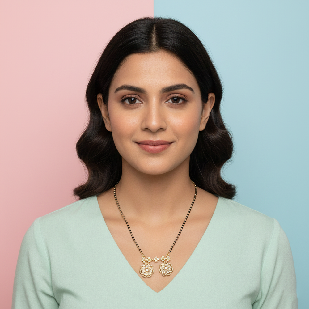 JewelMaze Designer Floral Motif AD Mangalsutra with Black Beads