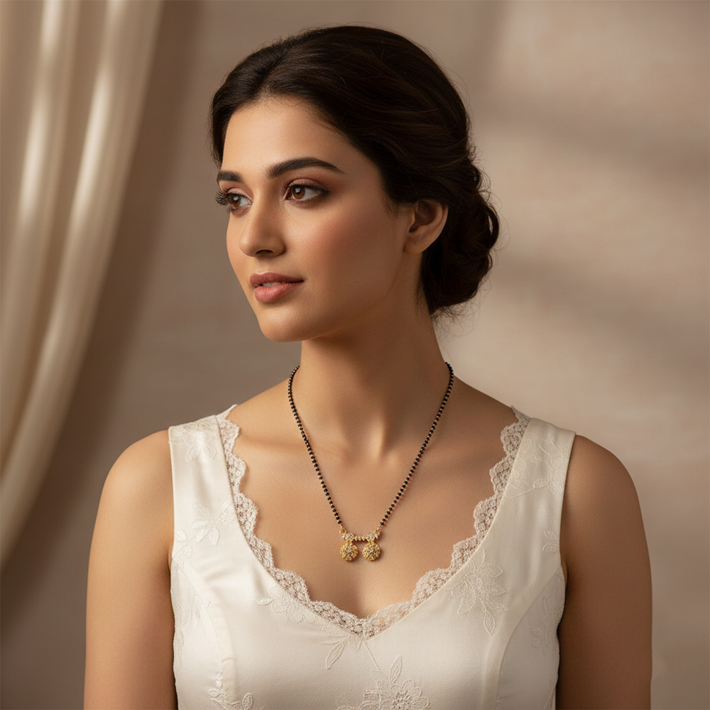 JewelMaze Designer Floral Motif AD Mangalsutra with Black Beads