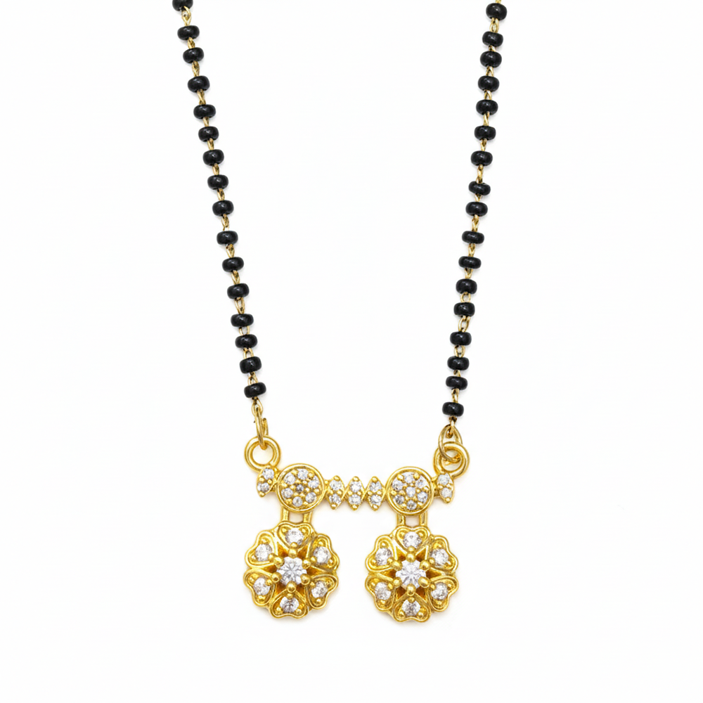 JewelMaze Designer Floral Motif AD Mangalsutra with Black Beads