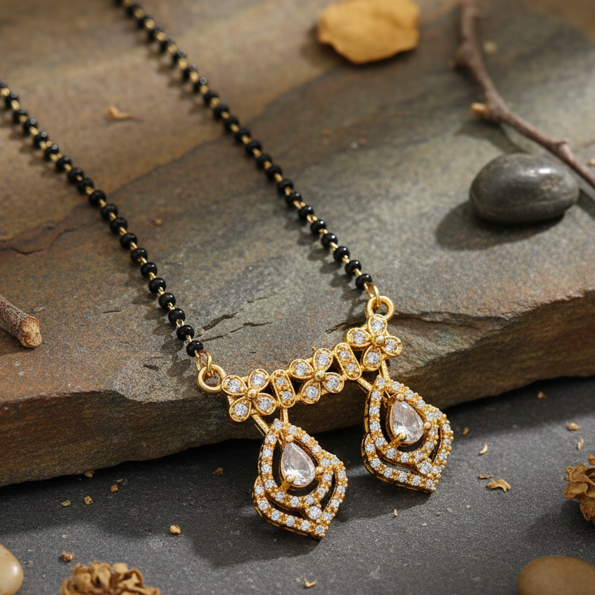 JewelMaze Modern Floral Ad Mangalsutra with Sparkling Stone