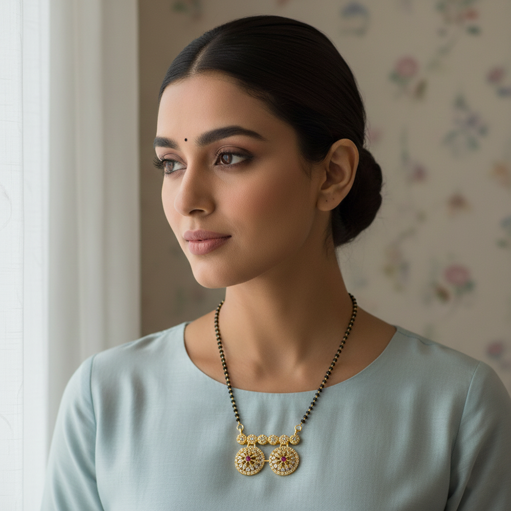 JewelMaze Ethereal Charm Ad Mangalsutra with Classic Black Beads