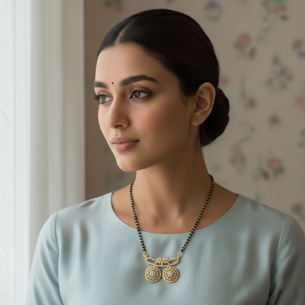 JewelMaze Ethereal Charm Ad Mangalsutra with Black Beads