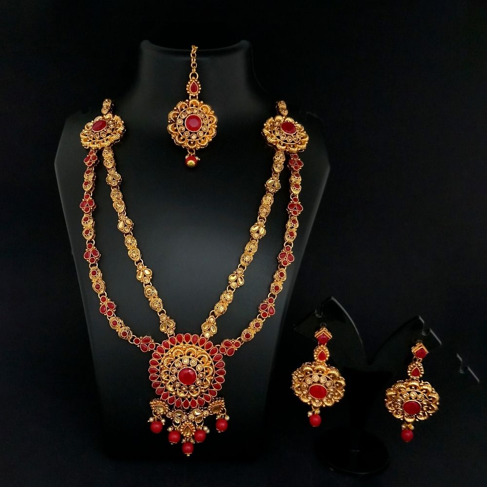 JewelMaze Gold Plated Double Chain Stone Necklace Set