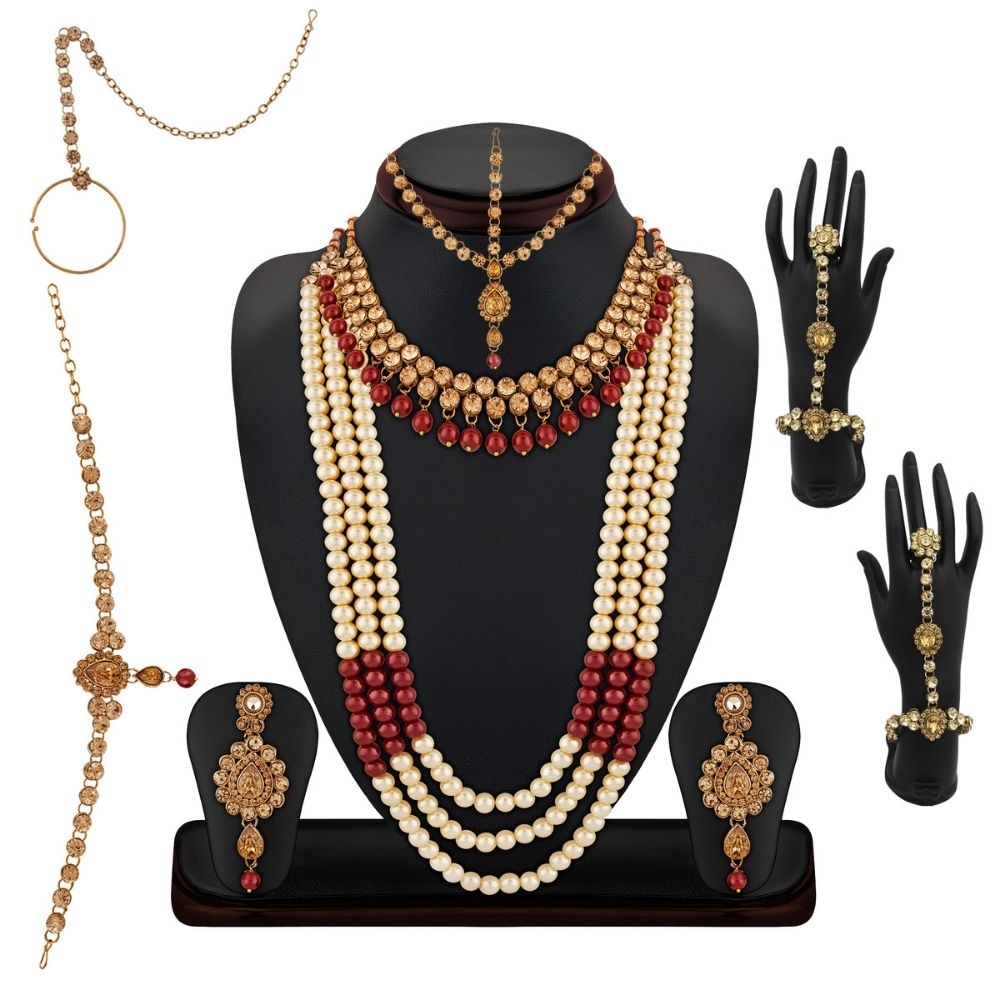 JewelMaze Premium Polki Kundan Multi-Layer Bridal Necklace Set