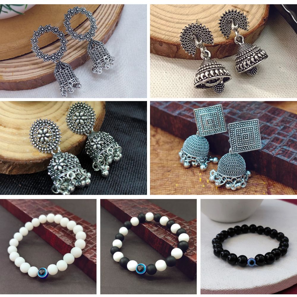 Jewelmaze Traditional Oxidised Earrings with Beads Bracelet Combo (Pack of 7)
