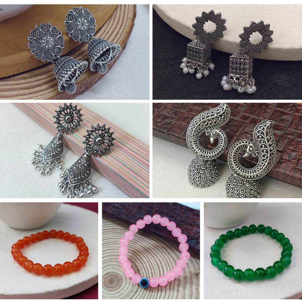 Jewelmaze Traditional Oxidised Earrings with Beads Bracelet Combo (Pack of 7)