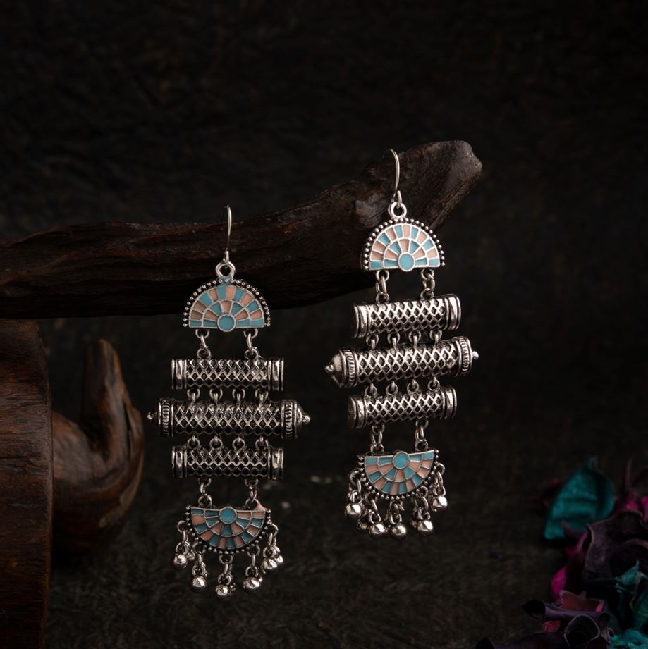 JewelMaze Silver Plated Geometric Shaped Dual Colored Enamel Artwork With Beads Fashion Antique Earring