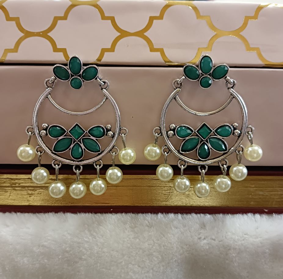 JewelMaze Silver Plated Geometric Shaped With Stone Studded Dangling Pearl Fashion Antique Earring
