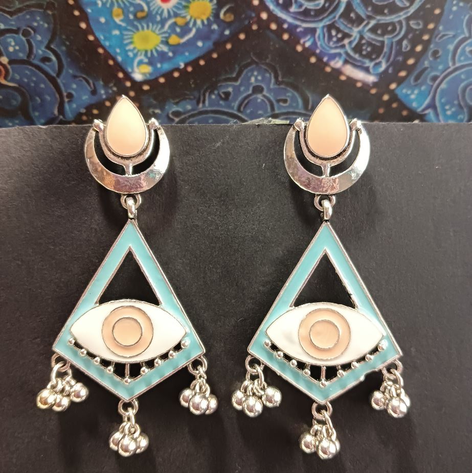 JewelMaze Silver Plated Geometric Shaped With Evil Eye Enamel Artwork Fashion Antique Fashion Earring