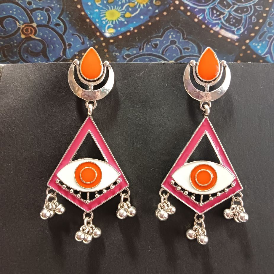 JewelMaze Silver Plated Geometric Shaped With Evil Eye Enamel Artwork Fashion Antique Fashion Earring