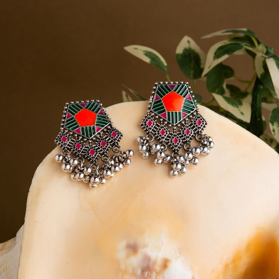 JewelMaze Silver Plated Pentagon Shaped Tri Colored Enamel Artwork With Beads Fashion Antique Earring