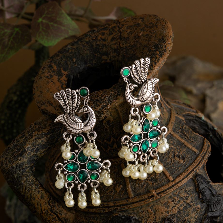 JewelMaze Silver Plated Peacock Design Stone Studded With Hanging Pearl Fashion Antique Earring