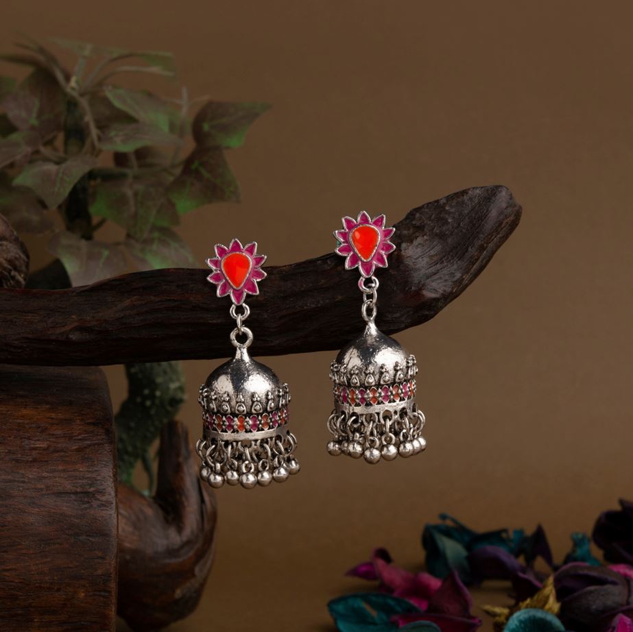 JewelMaze Silver Plated Floral Designed Enamel Artwork Antique Jhumki Earring
