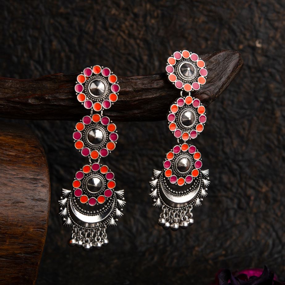 JewelMaze Antique Silver Plated Dual Colored Floral Enamel Design With Chandbali Shaped Hanging Beads Fashion Earring