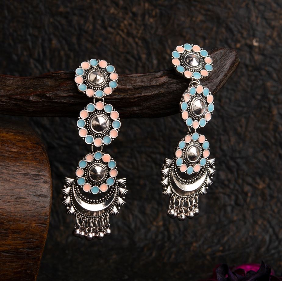 JewelMaze Antique Silver Plated Dual Colored Floral Enamel Design With Chandbali Shaped Hanging Beads Fashion Earring