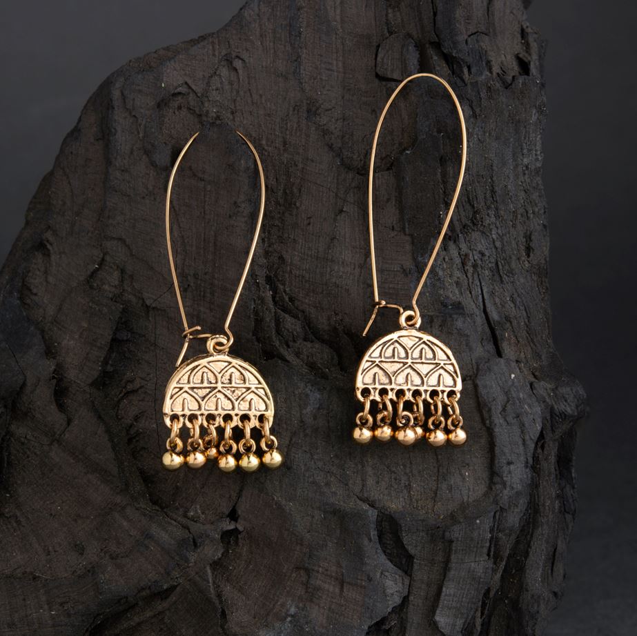 JewelMaze Silver / Gold Plated Long Hook Closure Hanging Geometric Design Artwork With Beads Fashion Antique Earring