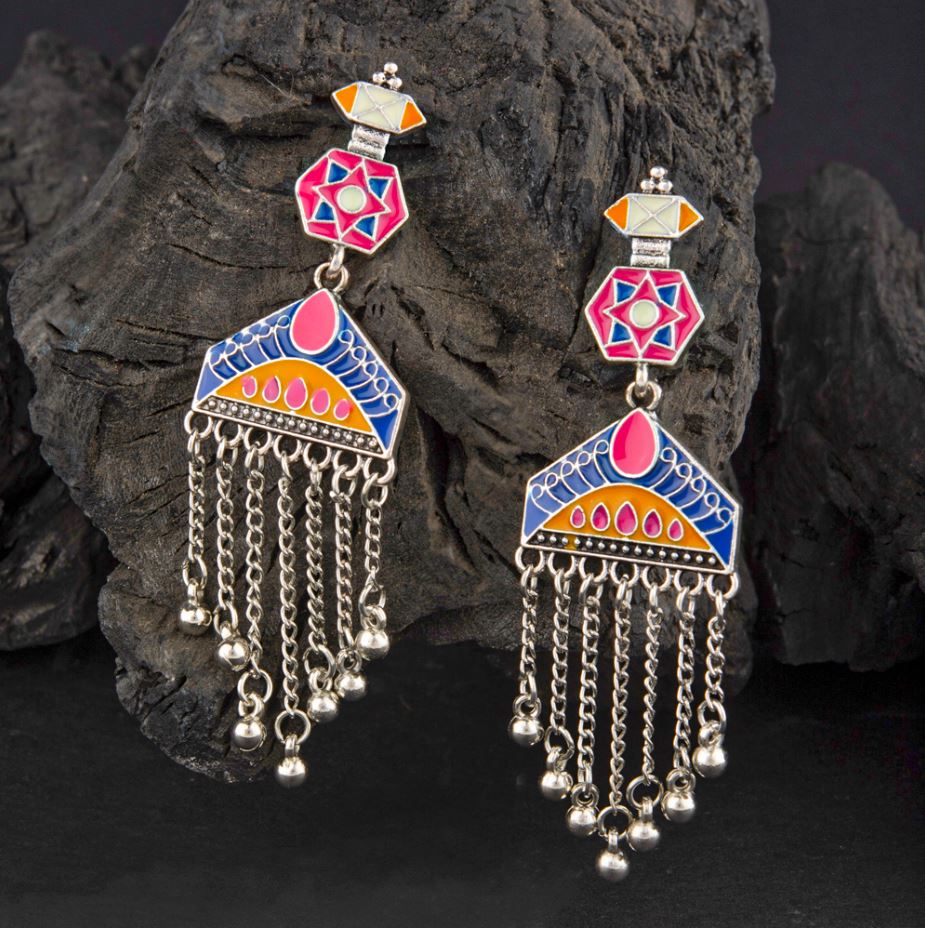 JewelMaze Gold/Silver Plated Geometric Shaped Enamel Artwork With Dangling Chain Fashion Antique Earring