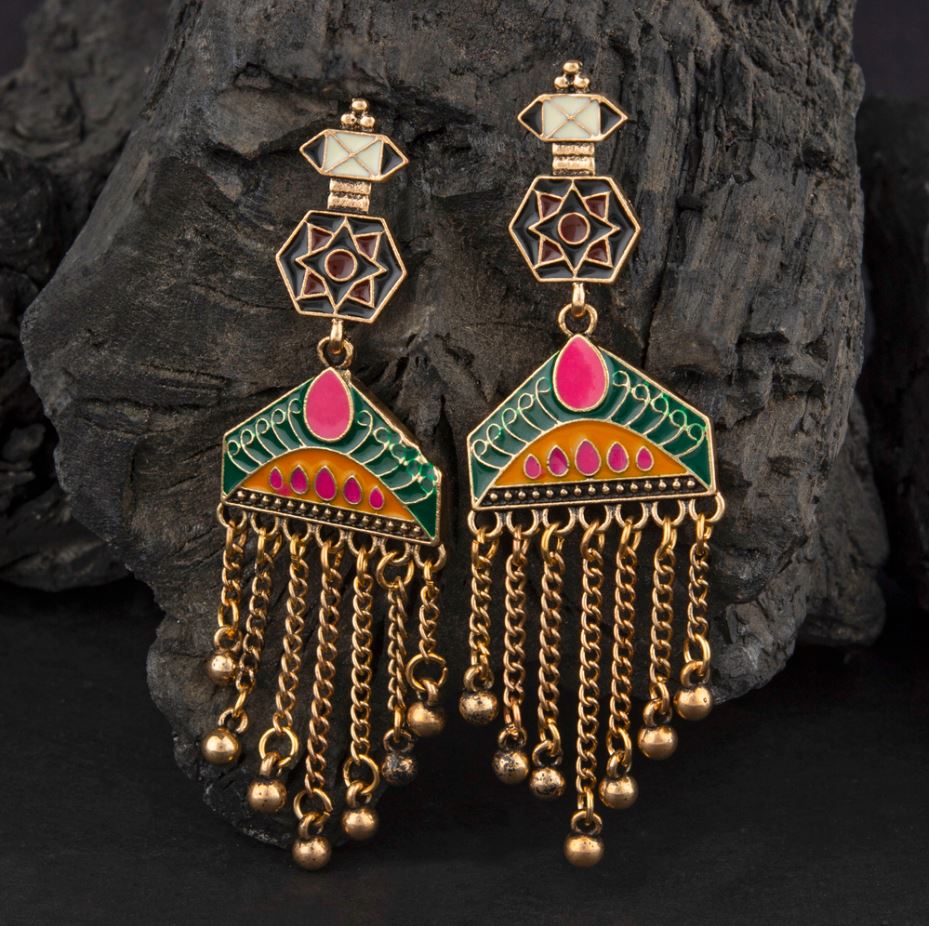 JewelMaze Gold/Silver Plated Geometric Shaped Enamel Artwork With Dangling Chain Fashion Antique Earring