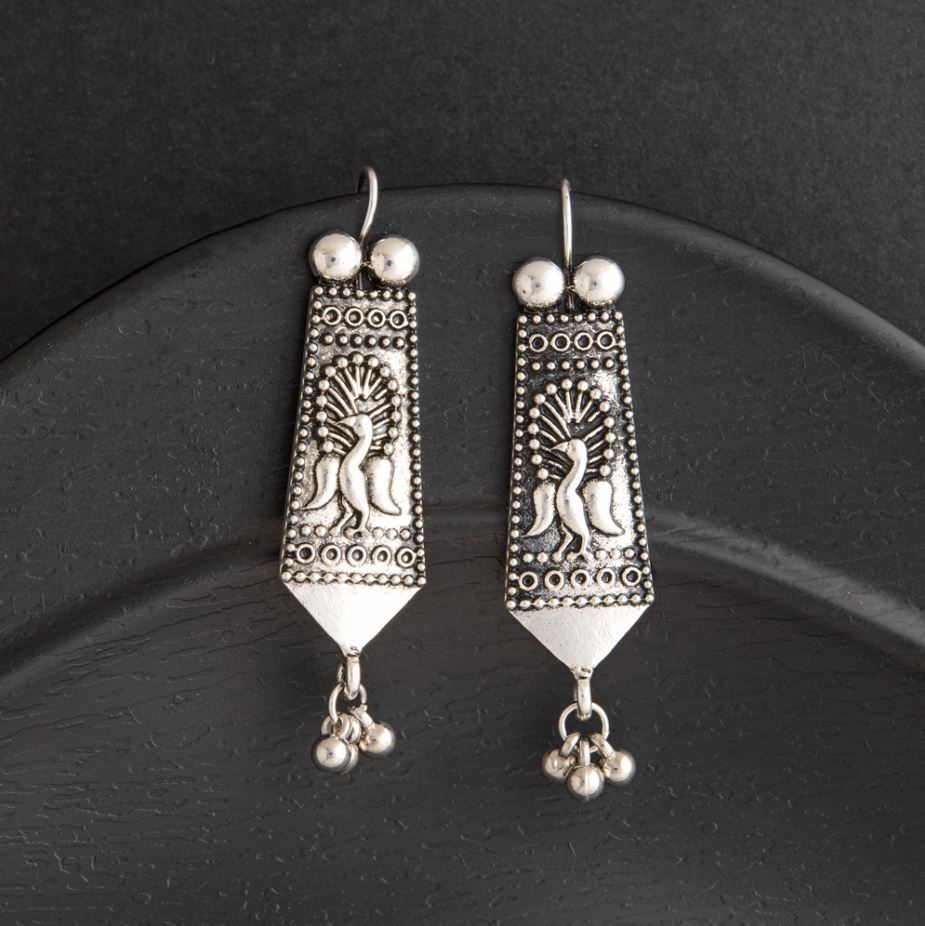 JewelMaze Oxidized Silver Plated Geometric Shaped Dangle Antique Earring