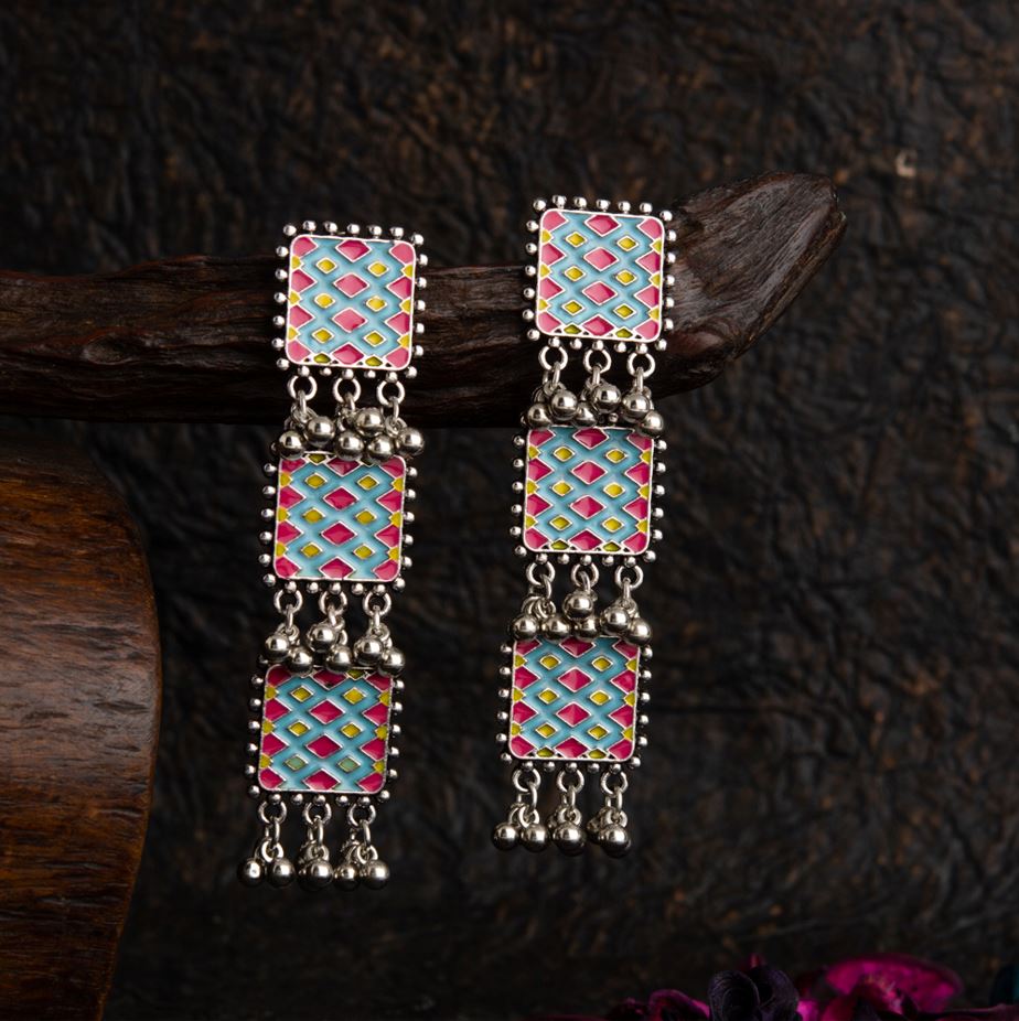 JewelMaze Silver Plated Square Shaped Linked Enamel Artwork With Beads Fashion Antique Earring