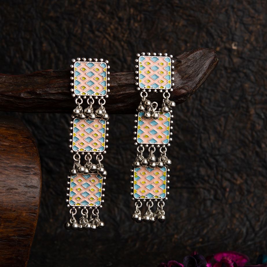 JewelMaze Silver Plated Square Shaped Linked Enamel Artwork With Beads Fashion Antique Earring