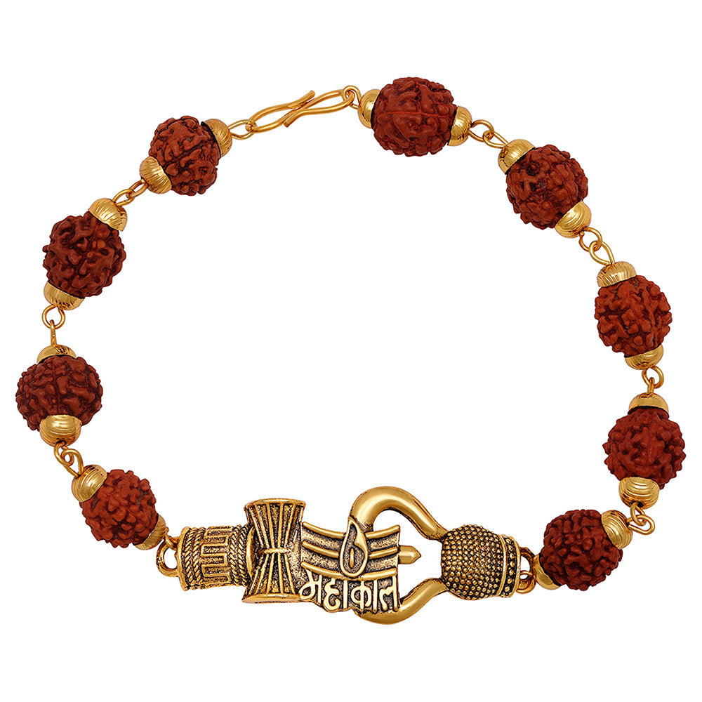 Mahi Gold Plated Trishul Mahakal & Damru Adjutable Religious Bracelet with Rudraksh for Men (BR1101043G)