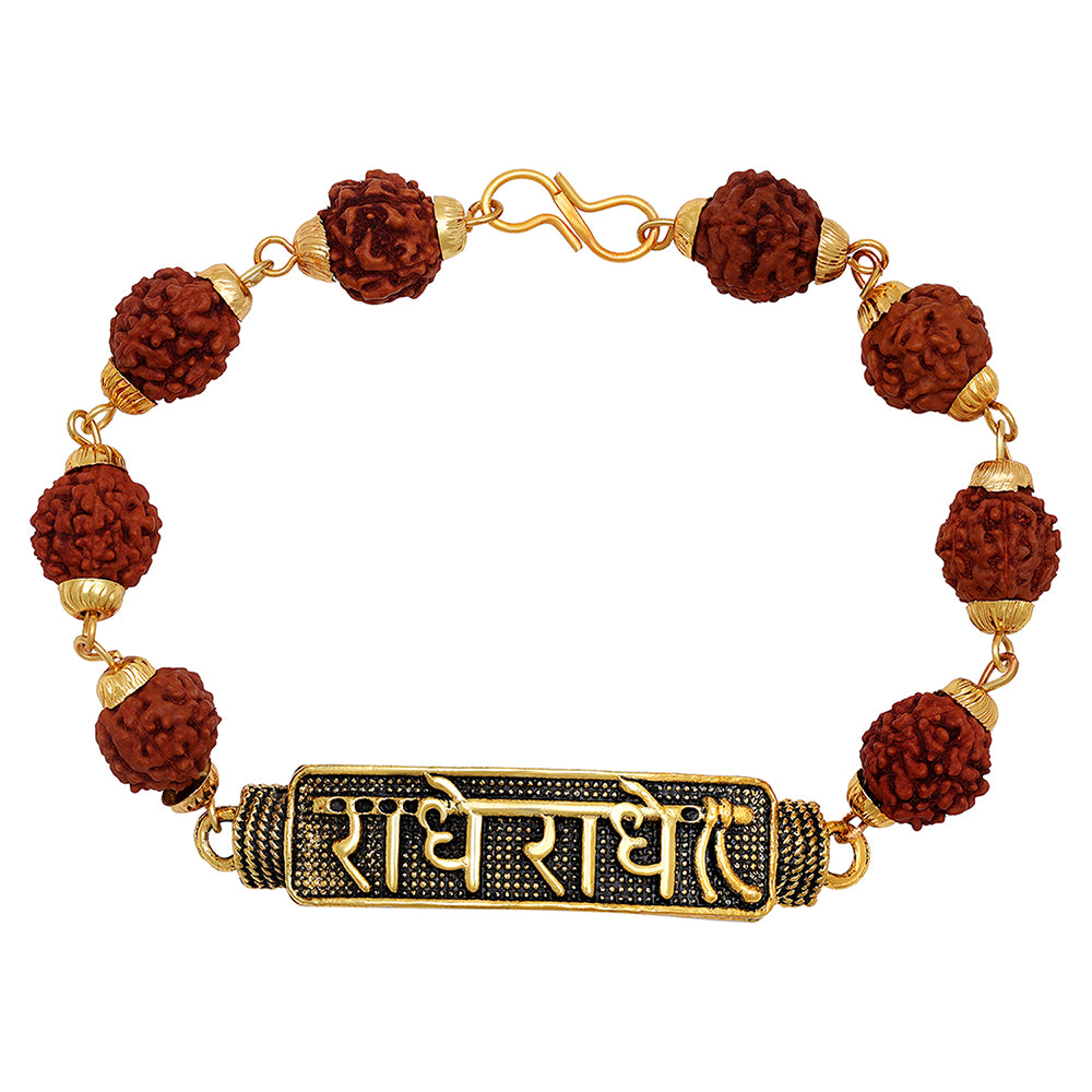 Mahi Gold Plated "Radhe Radhe" (???? ????) Adjutable Religious Bracelet with Rudraksh for Men (BR1101044G)