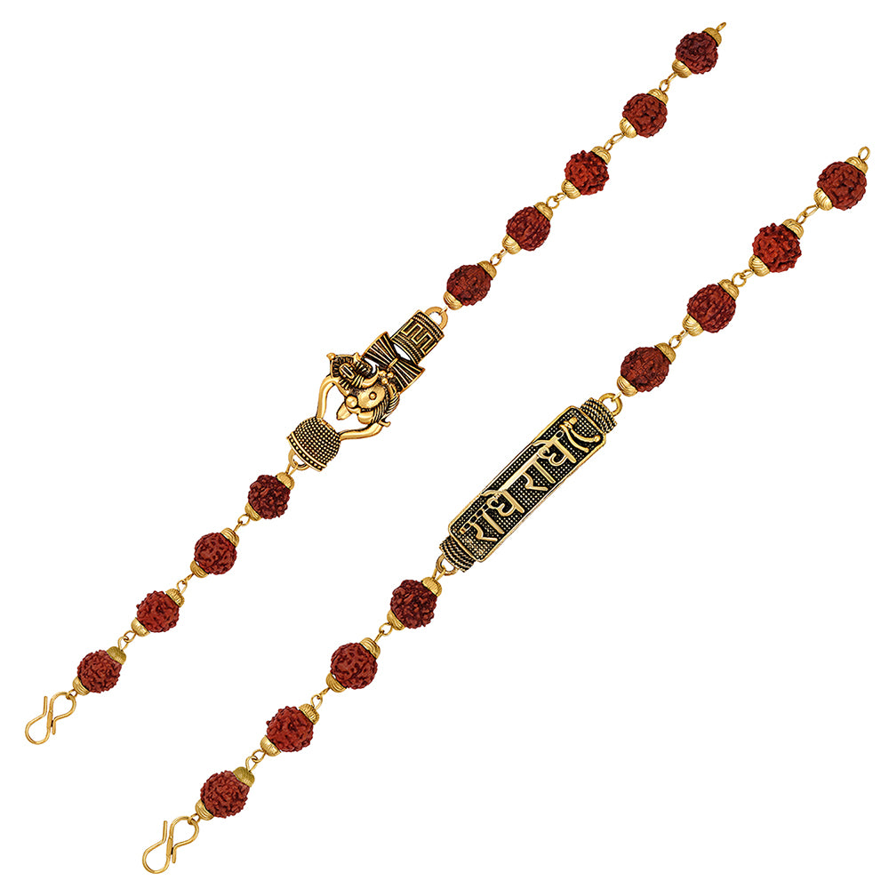 Mahi Combo of Radhe Radhe & Ganesha Trishul Damru Adjutable Religious Bracelets with Rudraksh for Men (CO1105598G)