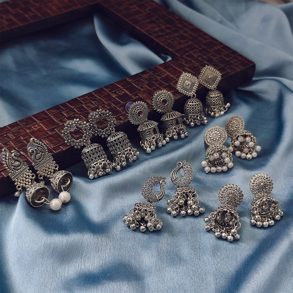 JewelMaze Set of 7 Oxidised Earrings with Latkan Combo for Women