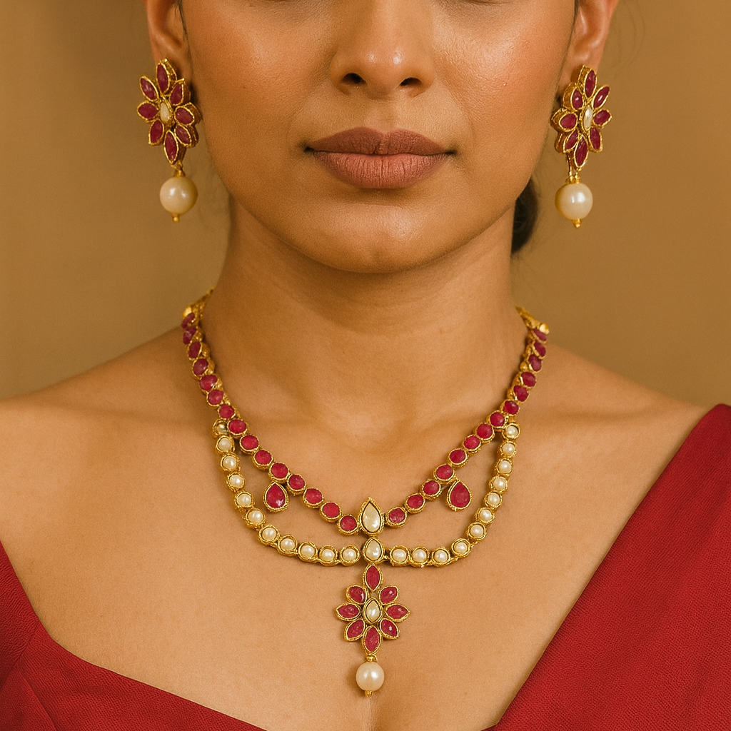 JewelMaze Gold Plated Pink Kundan Stone Necklace Set