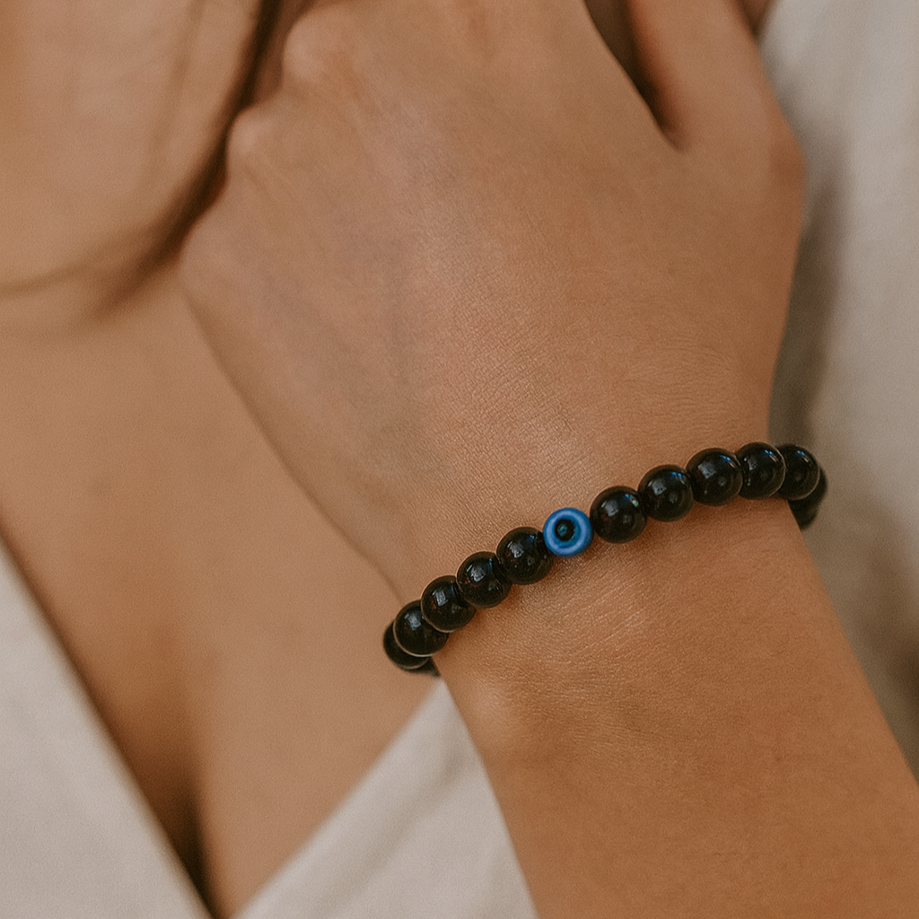 JewelMaze Black Obsidian Beads Bracelet with Evil Eye - 1404705