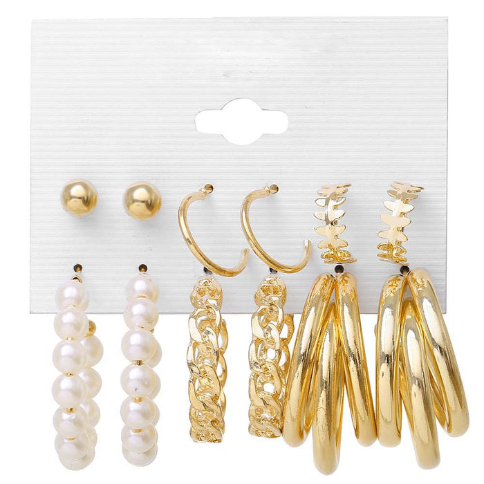 JewelMaze Set of 6 Quirky Minimalist Gold Pearl Hoops and Cuffs - Hoop Earrings