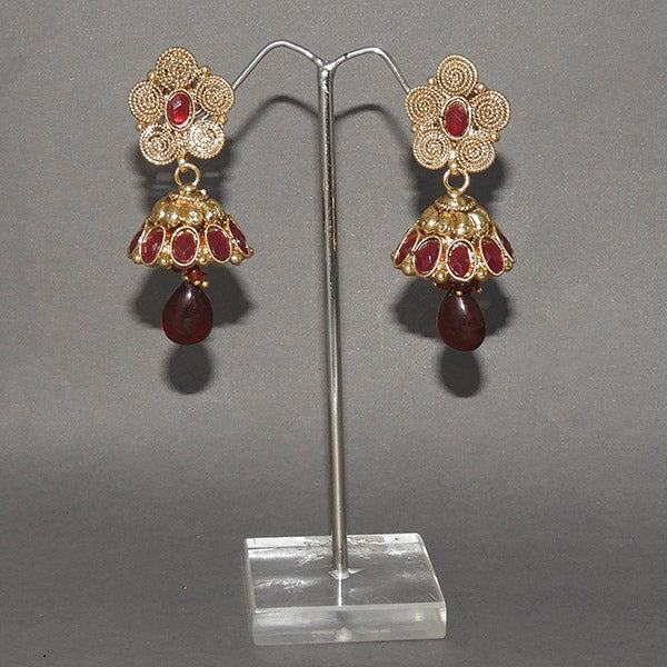 JewelMaze Maroon Pota Stone Copper Necklace Set