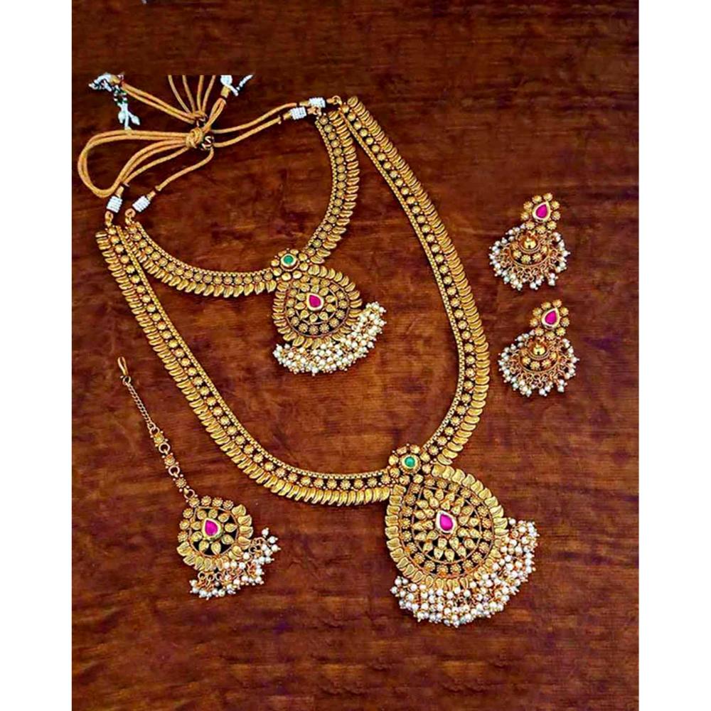JewelMaze Pota Stone Double Necklace Set With Maang Tikka