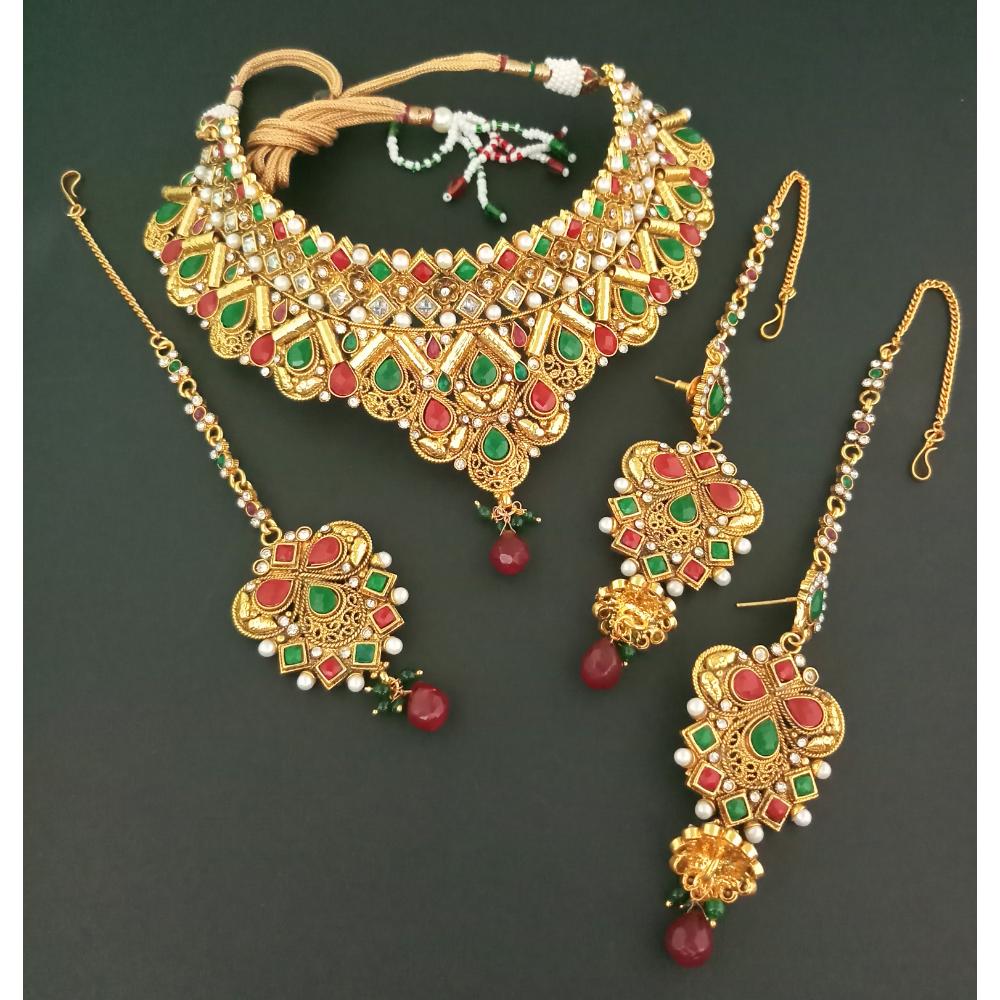 JewelMaze AD Stone Copper Necklace Set With Maang Tikka