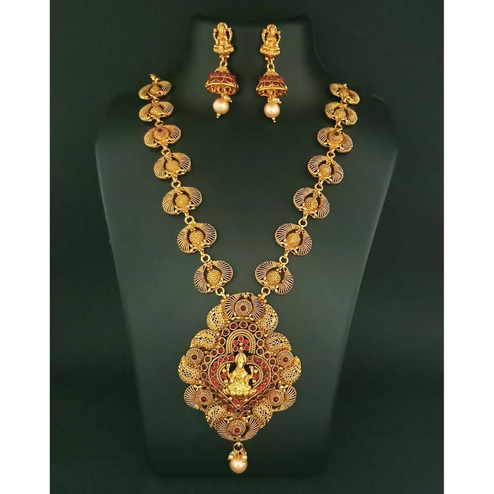 JewelMaze Maroon Pota Stone Copper Necklace Set