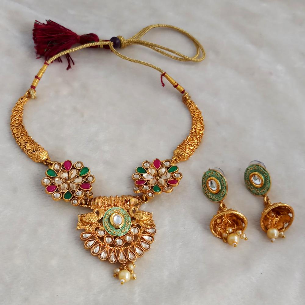 JewelMaze Designer Mint Kundan Gold Plated Necklace Set