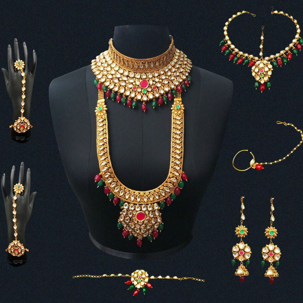 JewelMaze Premium Polki Kundan Multi-Layer Bridal Necklace Set