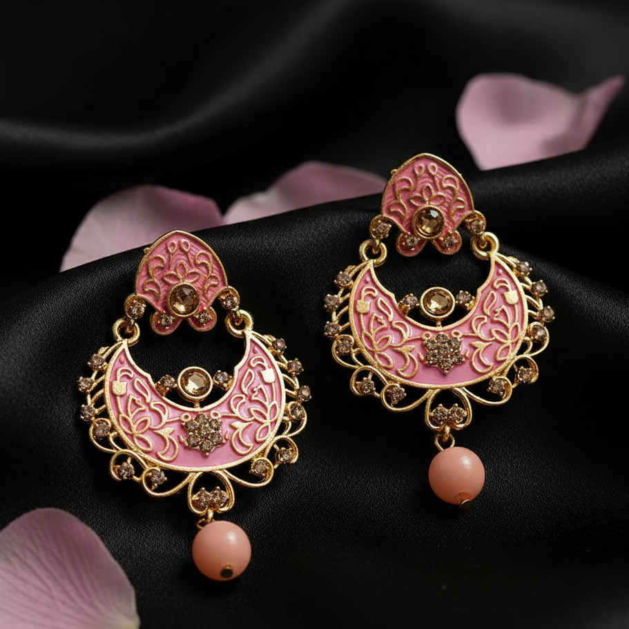 JewelMaze Peach Meenakari Matte Dangler Earrings -1318086F