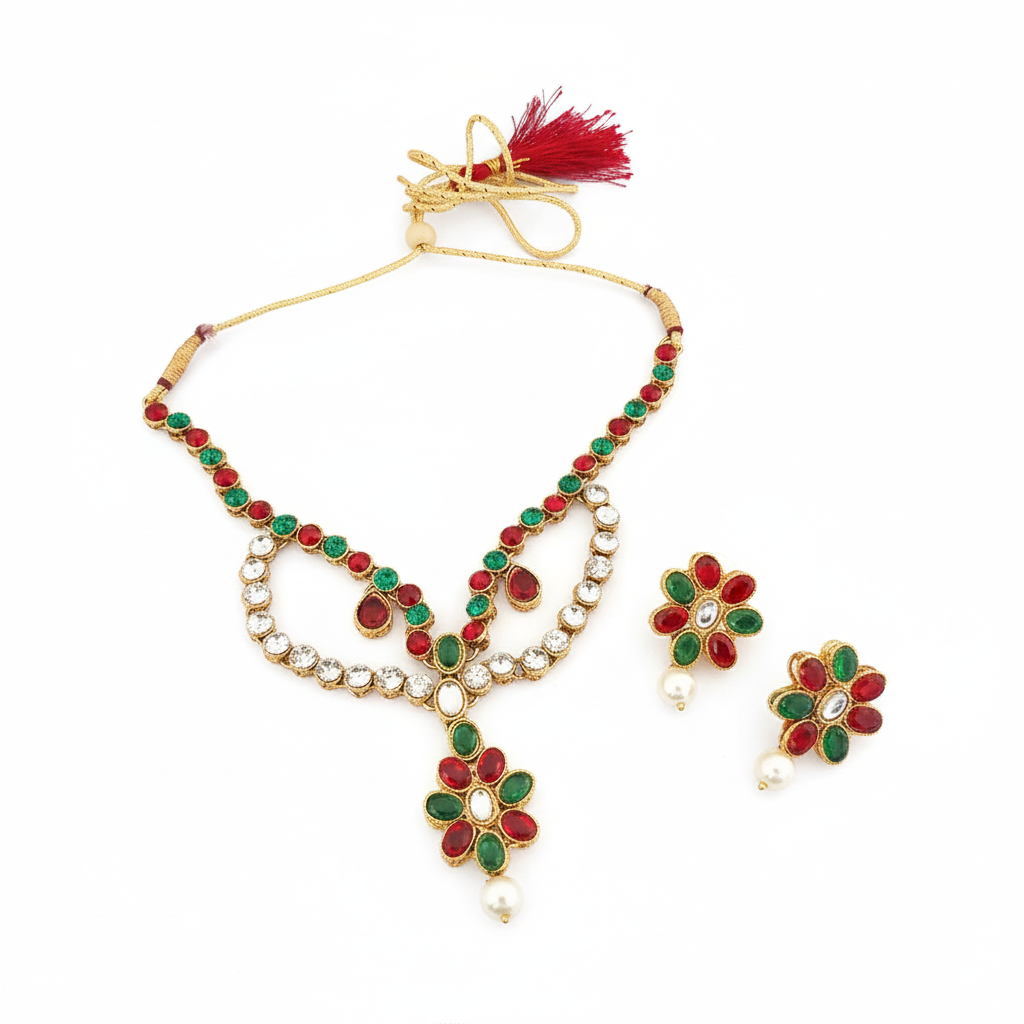 JewelMaze Maroon Kundan Stone Gold Plated Necklace Set